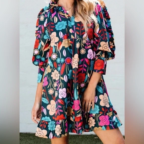 NWT! Green Floral Print Puff Sleeve Ruffled Mini Dress boho retro layered SZ S - Picture 3 of 15